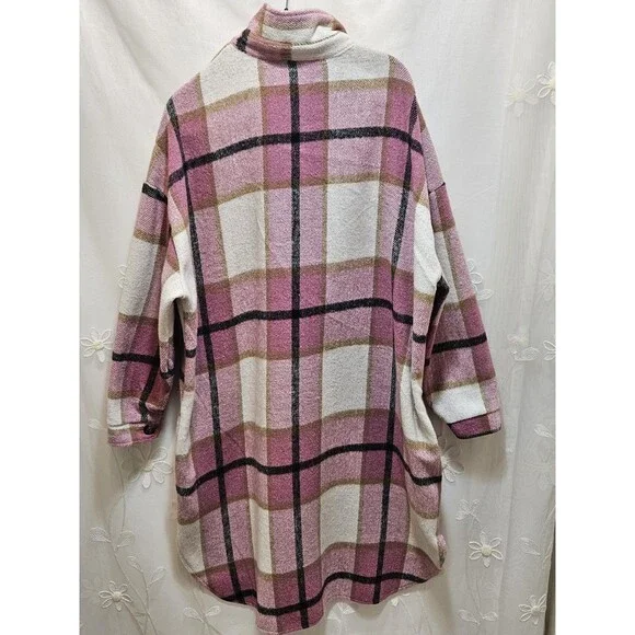 Womens XL Pink Black Jacket Plaid Oversized Thick Flannel Farm Barn Coat Tunic - Picture 12 of 16